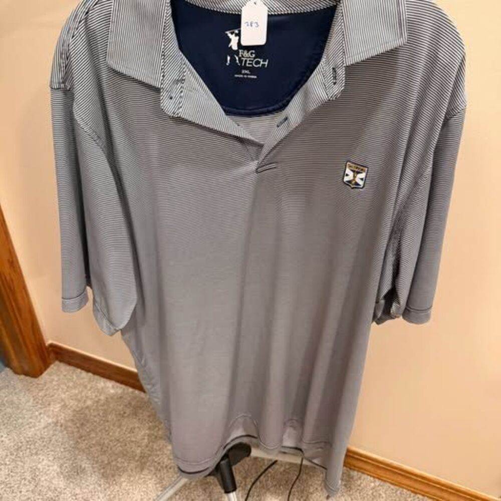 F&G TECH Men's 2XL Blue White Striped Polo Shirt Kinloch Logo